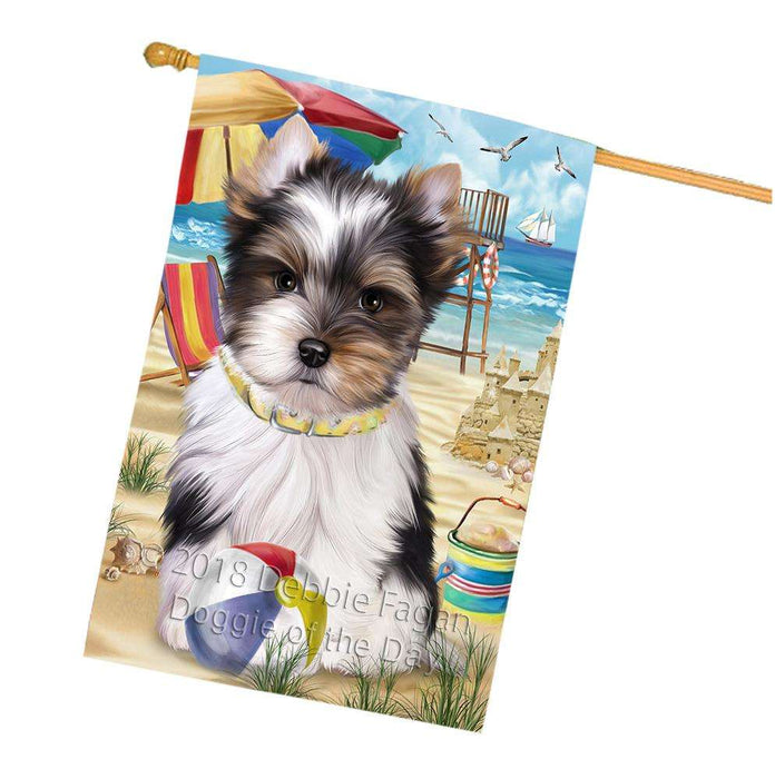 Pet Friendly Beach Biewer Terrier Dog House Flag FLG49960