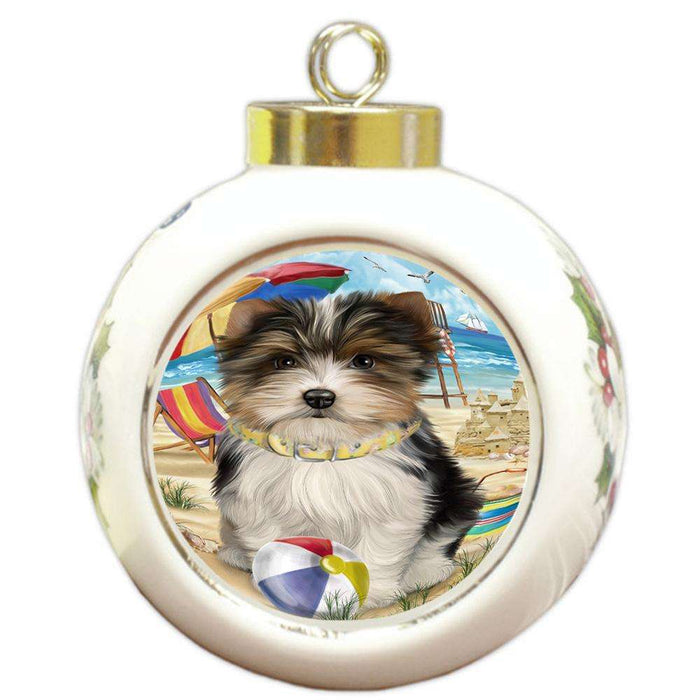 Pet Friendly Beach Biewer Terrier Dog Round Ball Christmas Ornament RBPOR49996