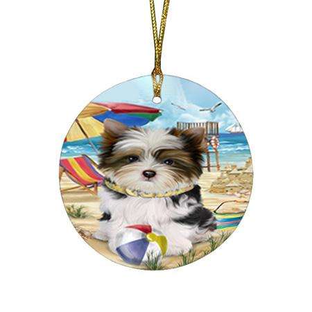 Pet Friendly Beach Biewer Terrier Dog Round Flat Christmas Ornament RFPOR49984