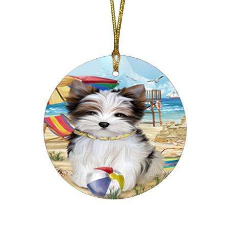 Pet Friendly Beach Biewer Terrier Dog Round Flat Christmas Ornament RFPOR49985