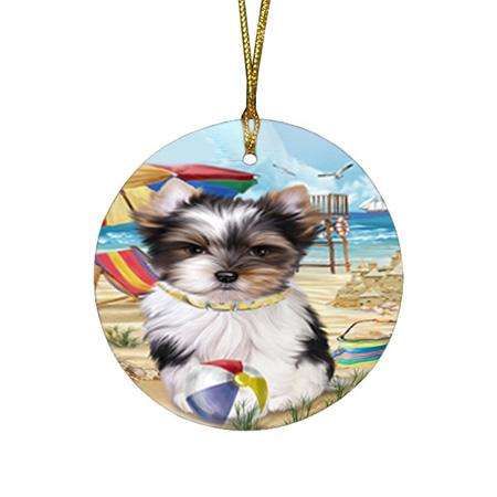 Pet Friendly Beach Biewer Terrier Dog Round Flat Christmas Ornament RFPOR49986