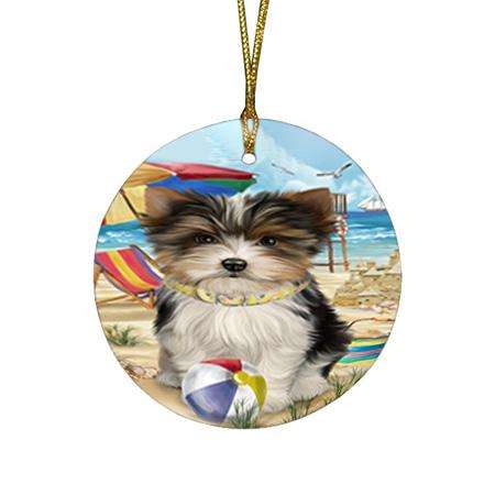 Pet Friendly Beach Biewer Terrier Dog Round Flat Christmas Ornament RFPOR49987