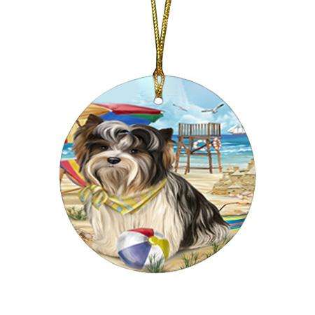 Pet Friendly Beach Biewer Terrier Dog Round Flat Christmas Ornament RFPOR49988