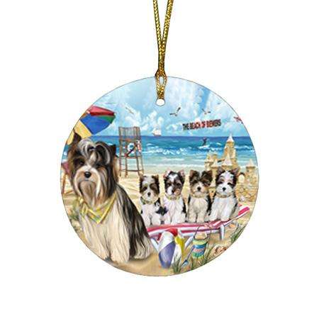 Pet Friendly Beach Biewer Terriers Dog Round Flat Christmas Ornament RFPOR49983
