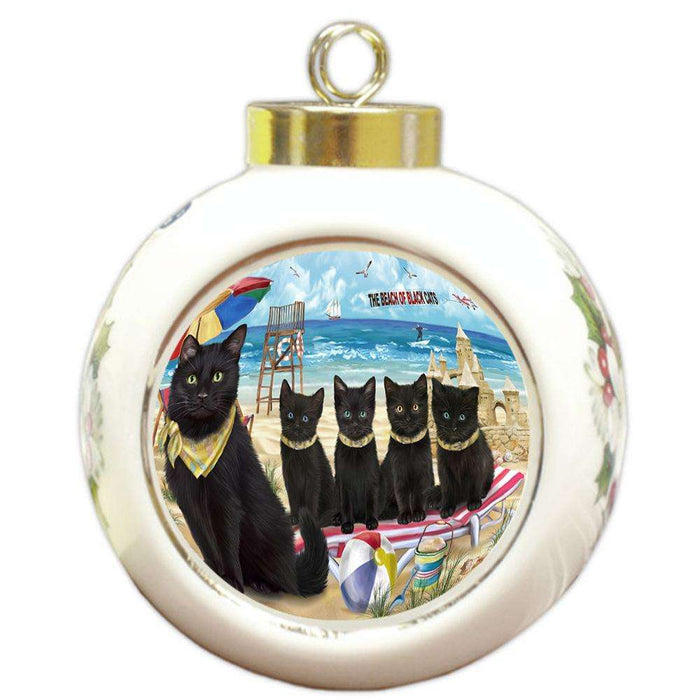 Pet Friendly Beach Black Cat Round Ball Christmas Ornament RBPOR51550