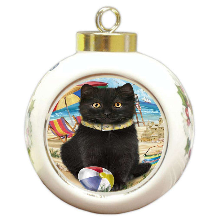 Pet Friendly Beach Black Cat Round Ball Christmas Ornament RBPOR51551