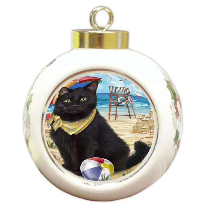 Pet Friendly Beach Black Cat Round Ball Christmas Ornament RBPOR51552