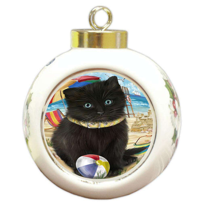 Pet Friendly Beach Black Cat Round Ball Christmas Ornament RBPOR51553