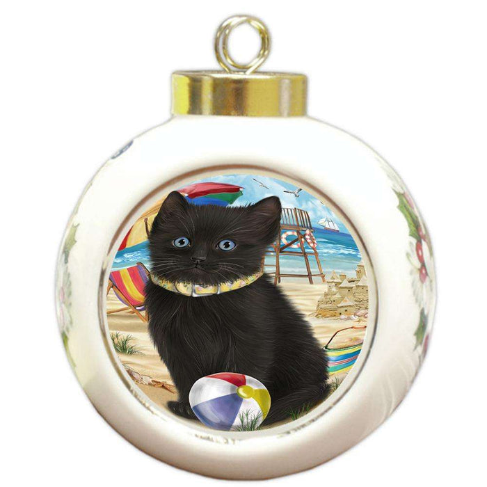 Pet Friendly Beach Black Cat Round Ball Christmas Ornament RBPOR51554