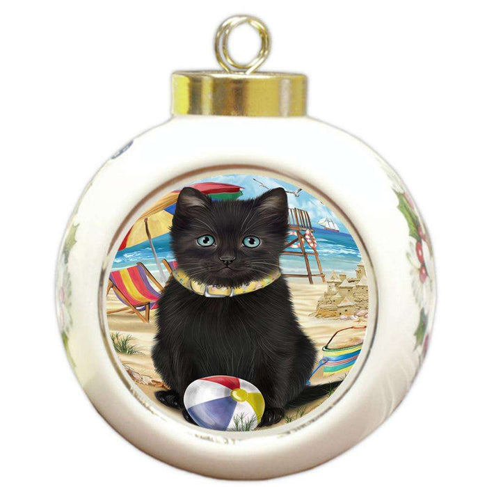 Pet Friendly Beach Black Cat Round Ball Christmas Ornament RBPOR51555