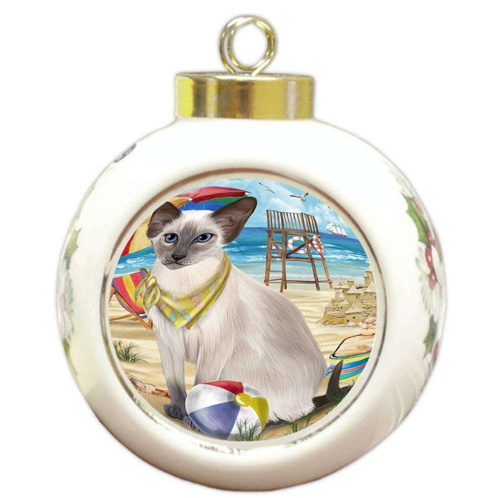 Pet Friendly Beach Blue Point Siamese Cat Round Ball Christmas Ornament RBPOR54162