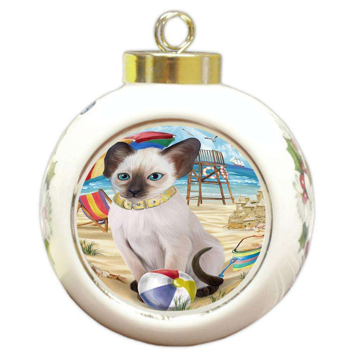 Pet Friendly Beach Blue Point Siamese Cat Round Ball Christmas Ornament RBPOR54164