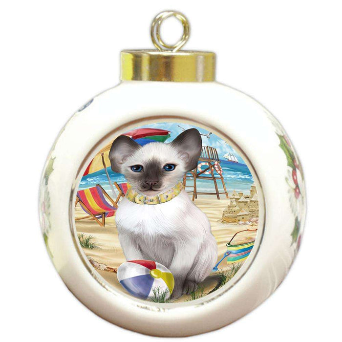 Pet Friendly Beach Blue Point Siamese Cat Round Ball Christmas Ornament RBPOR54165