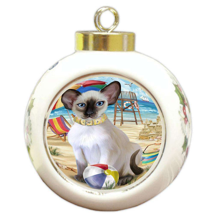Pet Friendly Beach Blue Point Siamese Cat Round Ball Christmas Ornament RBPOR54166