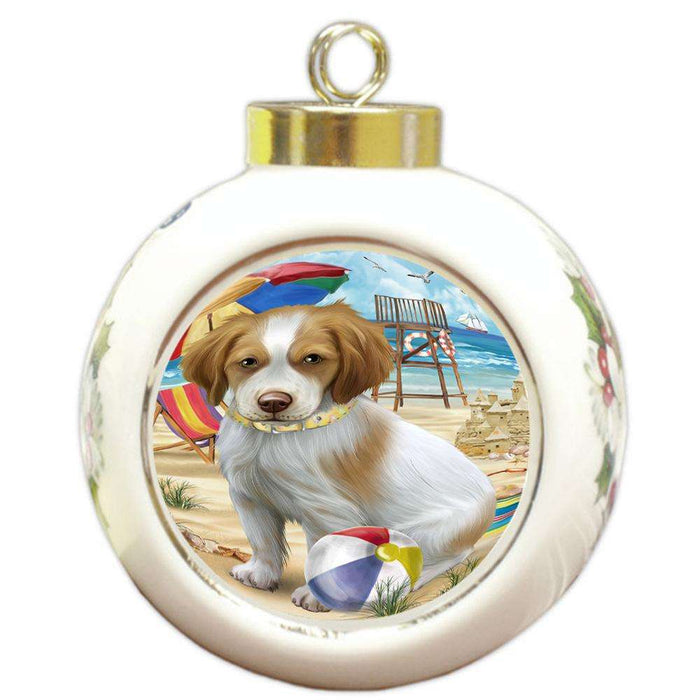 Pet Friendly Beach Brittany Spaniel Dog Round Ball Christmas Ornament RBPOR50005