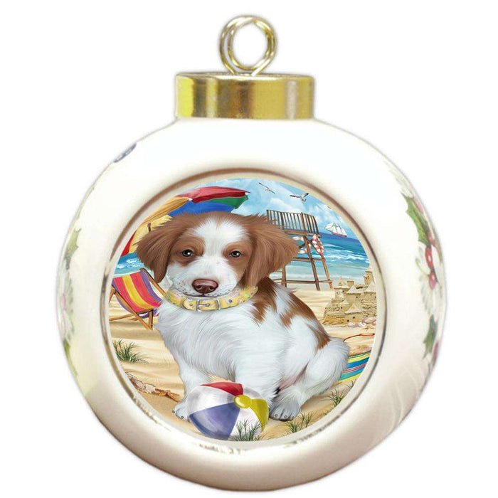Pet Friendly Beach Brittany Spaniel Dog Round Ball Christmas Ornament RBPOR50008