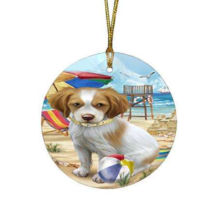 Pet Friendly Beach Brittany Spaniel Dog Round Flat Christmas Ornament RFPOR49996