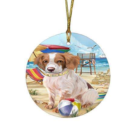 Pet Friendly Beach Brittany Spaniel Dog Round Flat Christmas Ornament RFPOR49998