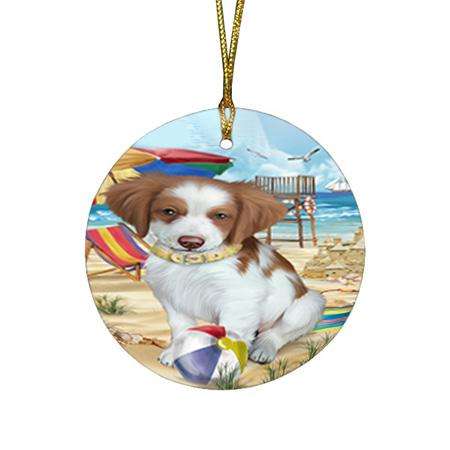 Pet Friendly Beach Brittany Spaniel Dog Round Flat Christmas Ornament RFPOR49999