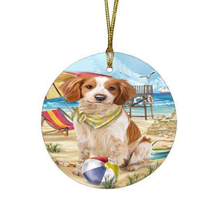 Pet Friendly Beach Brittany Spaniel Dog Round Flat Christmas Ornament RFPOR50000