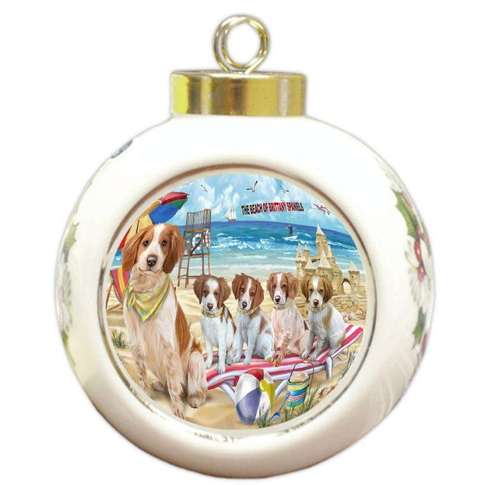 Pet Friendly Beach Brittany Spaniels Dog Round Ball Christmas Ornament RBPOR50004