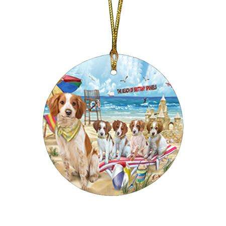Pet Friendly Beach Brittany Spaniels Dog Round Flat Christmas Ornament RFPOR49995