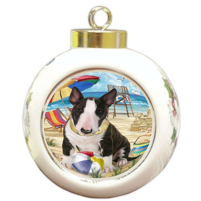 Pet Friendly Beach Bull Terrier Dog Round Ball Christmas Ornament RBPOR50012