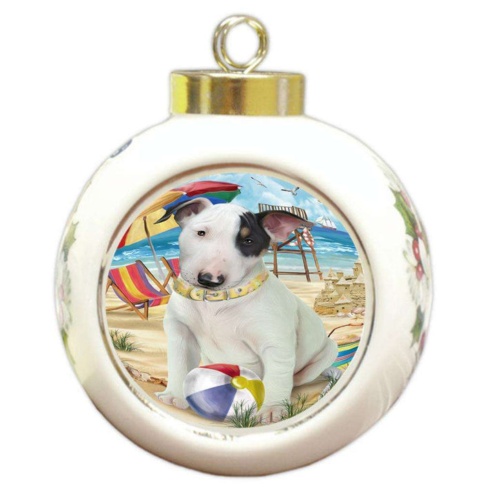 Pet Friendly Beach Bull Terrier Dog Round Ball Christmas Ornament RBPOR50013