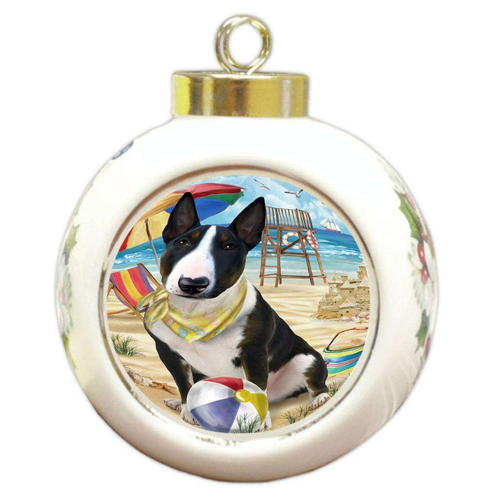 Pet Friendly Beach Bull Terrier Dog Round Ball Christmas Ornament RBPOR50015