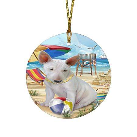 Pet Friendly Beach Bull Terrier Dog Round Flat Christmas Ornament RFPOR50002