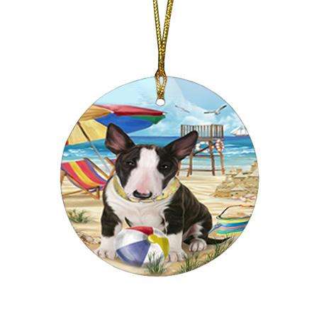 Pet Friendly Beach Bull Terrier Dog Round Flat Christmas Ornament RFPOR50003