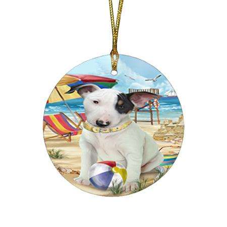 Pet Friendly Beach Bull Terrier Dog Round Flat Christmas Ornament RFPOR50004