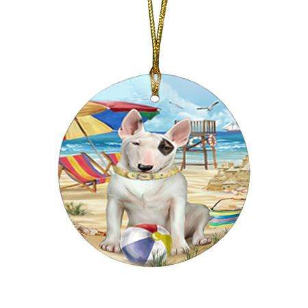 Pet Friendly Beach Bull Terrier Dog Round Flat Christmas Ornament RFPOR50005