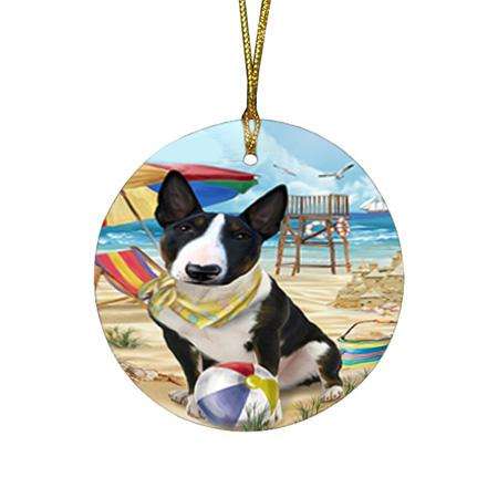 Pet Friendly Beach Bull Terrier Dog Round Flat Christmas Ornament RFPOR50006