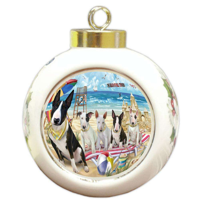 Pet Friendly Beach Bull Terriers Dog Round Ball Christmas Ornament RBPOR50010