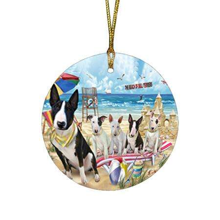 Pet Friendly Beach Bull Terriers Dog Round Flat Christmas Ornament RFPOR50001