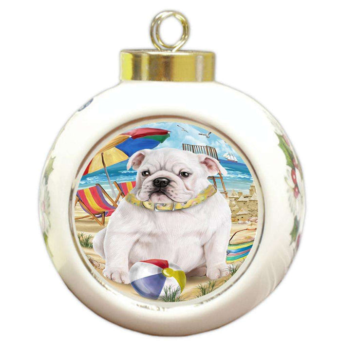 Pet Friendly Beach Bulldog Round Ball Christmas Ornament RBPOR48624