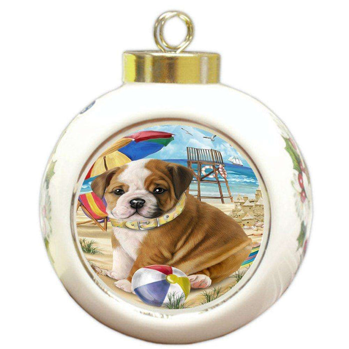 Pet Friendly Beach Bulldog Round Ball Christmas Ornament RBPOR48625