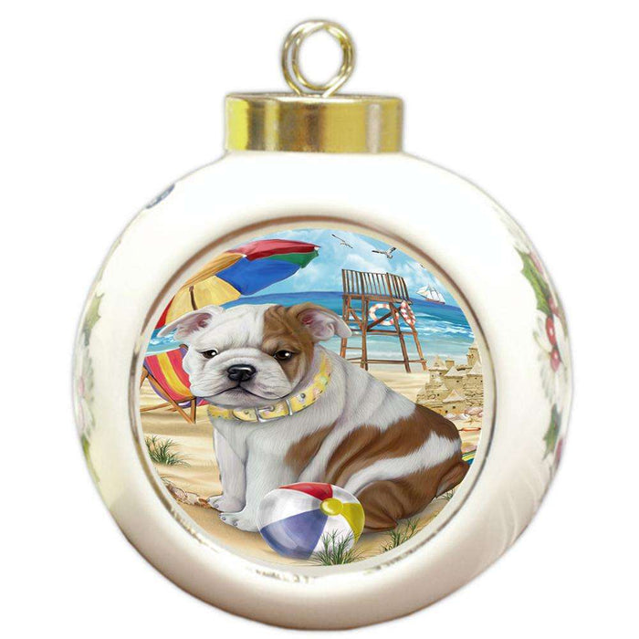 Pet Friendly Beach Bulldog Round Ball Christmas Ornament RBPOR48626