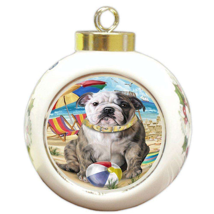 Pet Friendly Beach Bulldog Round Ball Christmas Ornament RBPOR48627