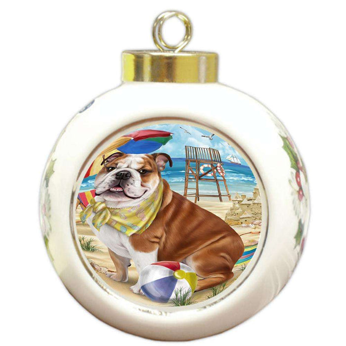 Pet Friendly Beach Bulldog Round Ball Christmas Ornament RBPOR48628