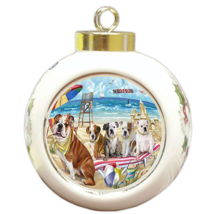 Pet Friendly Beach Bulldogs Round Ball Christmas Ornament RBPOR48623