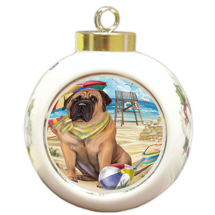 Pet Friendly Beach Bullmastiff Dog Round Ball Christmas Ornament RBPOR50021