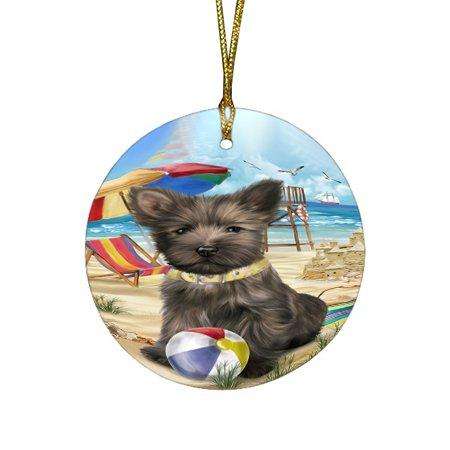 Pet Friendly Beach Cairn Terrier Dog Round Christmas Ornament RFPOR48620