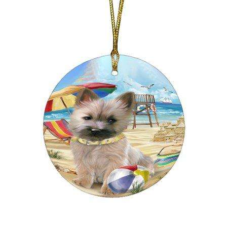 Pet Friendly Beach Cairn Terrier Dog Round Christmas Ornament RFPOR48621