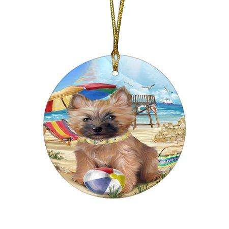 Pet Friendly Beach Cairn Terrier Dog Round Christmas Ornament RFPOR48623