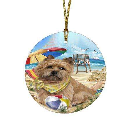 Pet Friendly Beach Cairn Terrier Dog Round Christmas Ornament RFPOR48624