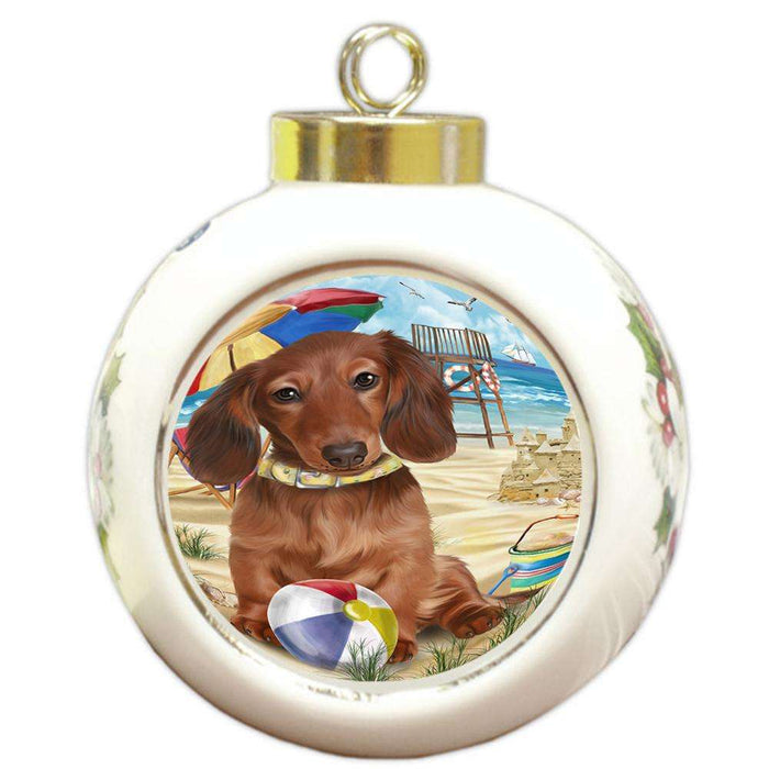 Pet Friendly Beach Dachshund Dog Round Ball Christmas Ornament RBPOR48635