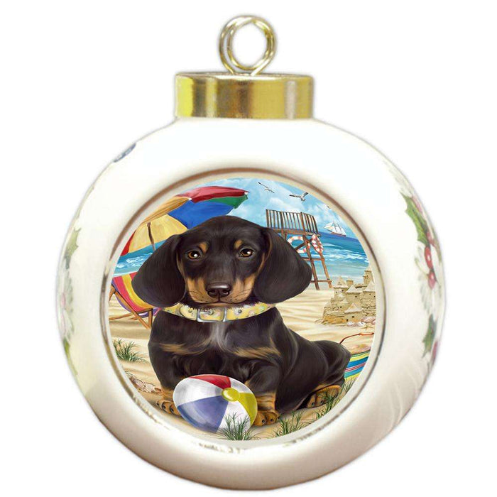 Pet Friendly Beach Dachshund Dog Round Ball Christmas Ornament RBPOR48636