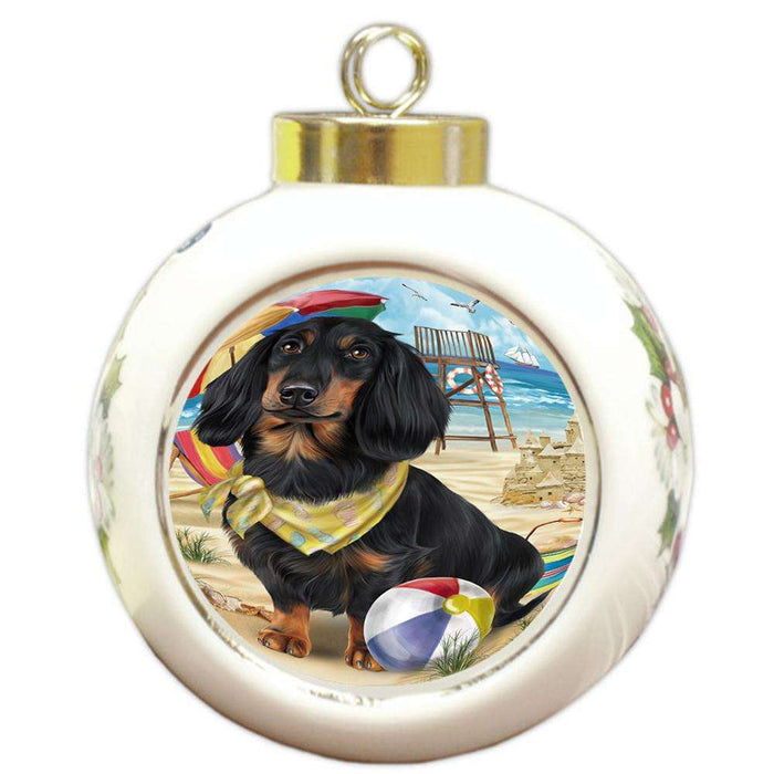 Pet Friendly Beach Dachshund Dog Round Ball Christmas Ornament RBPOR48639